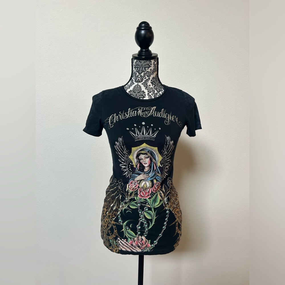 Christian Audigier Black and Gold Graphic Tee M